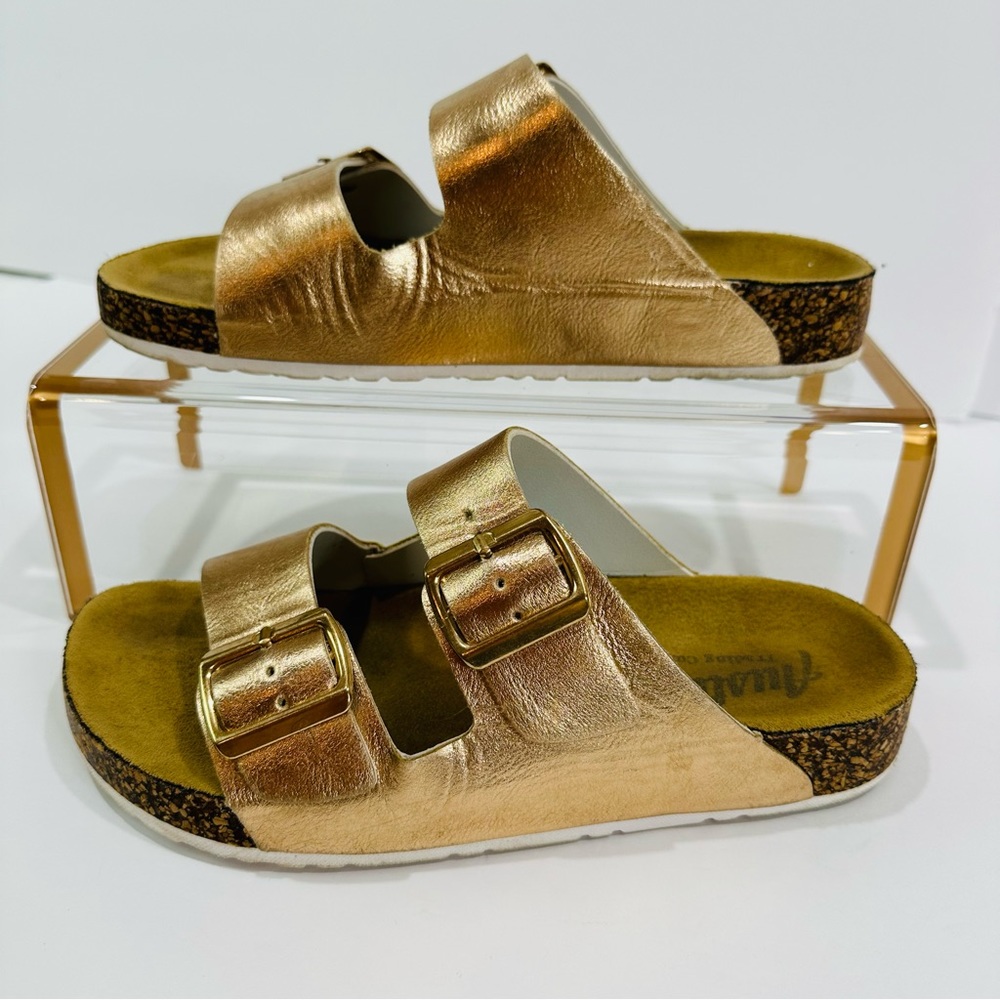 AUSTIN TRADING CO. WOMENS ROSE GOLD DUAL STRAP CORK SLIDES SIZE 7 GOOD